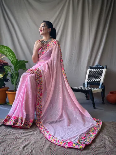 Pure Georgette Saree with 5 mtrs  Sequence Work & Contrast Banglori Silk Blouse